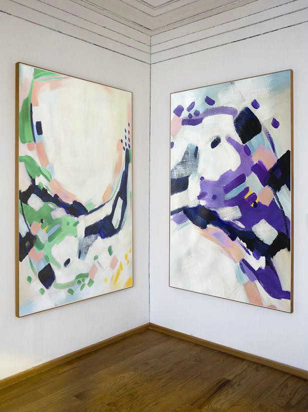Large Abstract Painting On Canvas,Set Of 2 Abstract Painting On Canvas,Canvas Wall Art White.Dark Blue,Green,Purple